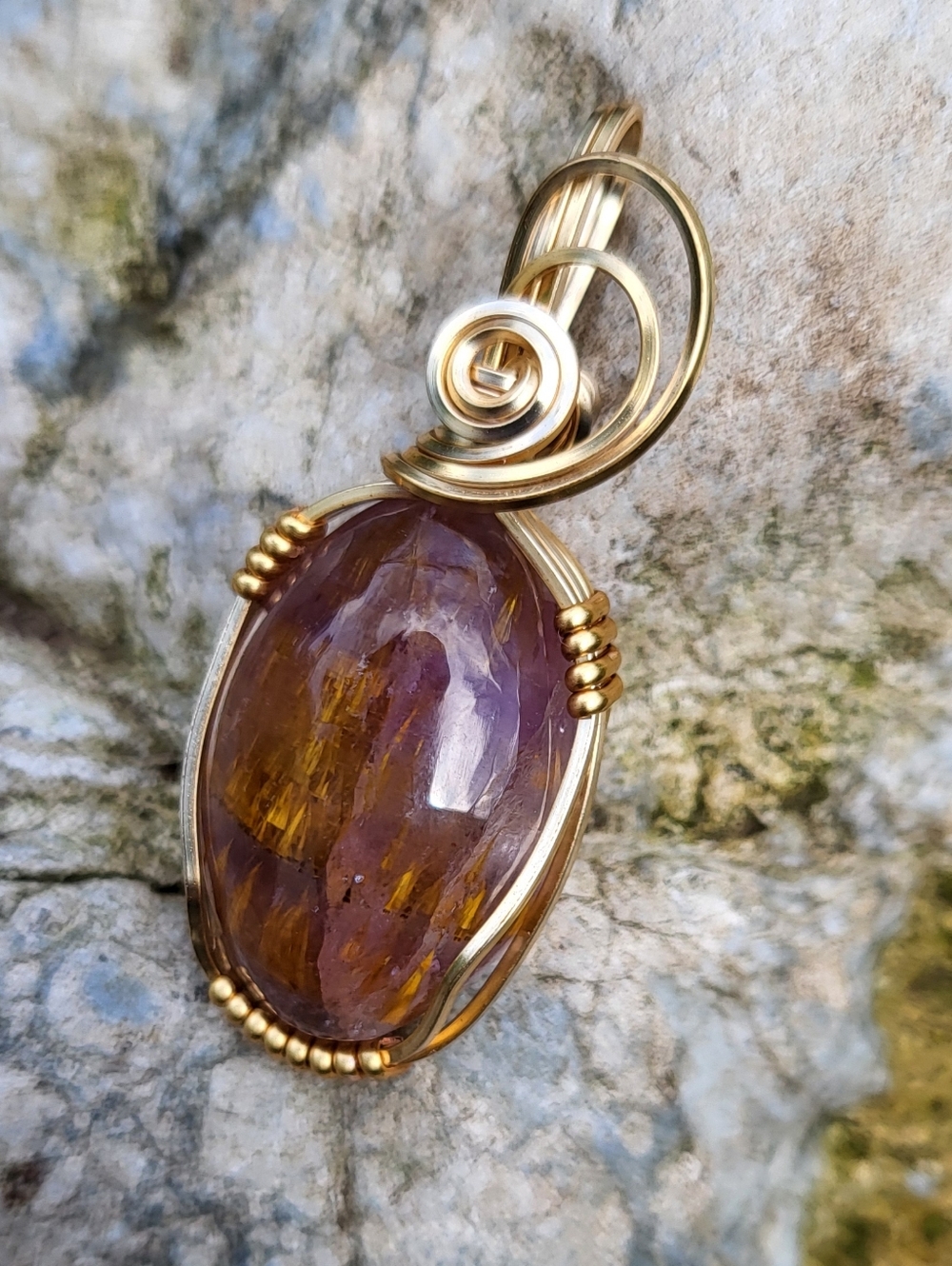 Cacoxenite Amethyst Gold Colored Copper Wire Pendant